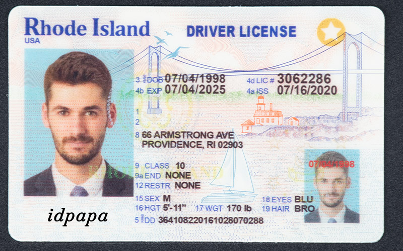 Novelty Rhode Island driver’s license for a man labeled idpapa